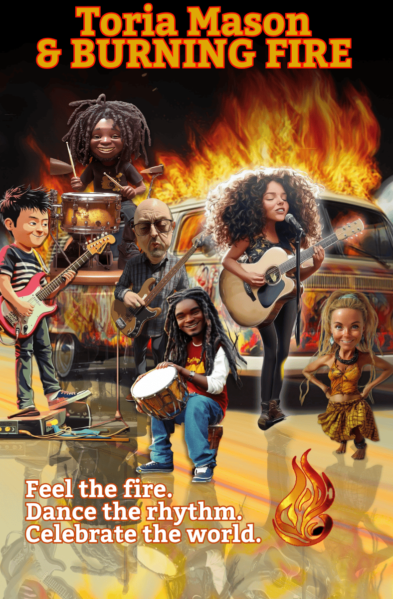 TMBF Band - Feel the fire A vibrant comic-style illustration of the band Toria Mason and the Burning Fire, posed in front of a blazing, flame-painted VW van. Toria Mason, the radiant lead singer with big curly hair, stands at the mic strumming an acoustic guitar. To her side, percussionist Zondra Vyncent beams joyfully in an African-inspired outfit. Kneeling with a hand drum is Dominique Cisse, a smiling man of Afro-Caribbean descent. Behind him floats Kojaja Osman, an energetic African drummer mid-beat. On electric guitar stands Yuri Jo, an Indonesian man with a focused expression. At the edge, Jayson Kockles plays the didgeridoo, barefoot and wild. The whole scene crackles with colour, rhythm, and multicultural soul.